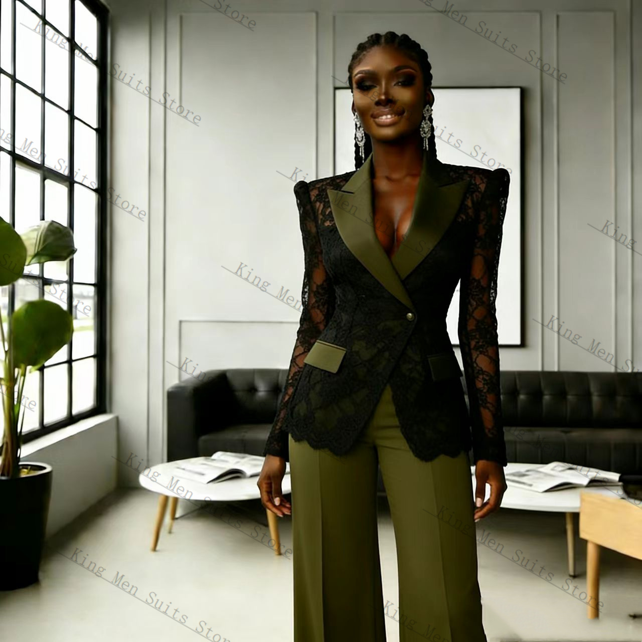Women'S Formal Wear Tuxedo - Traje de Encaje Verde y Negro