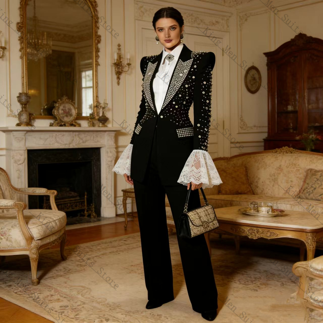 Conjunto de traje negro con cr - Women'S Formal Wear Tuxedo reseña y precio