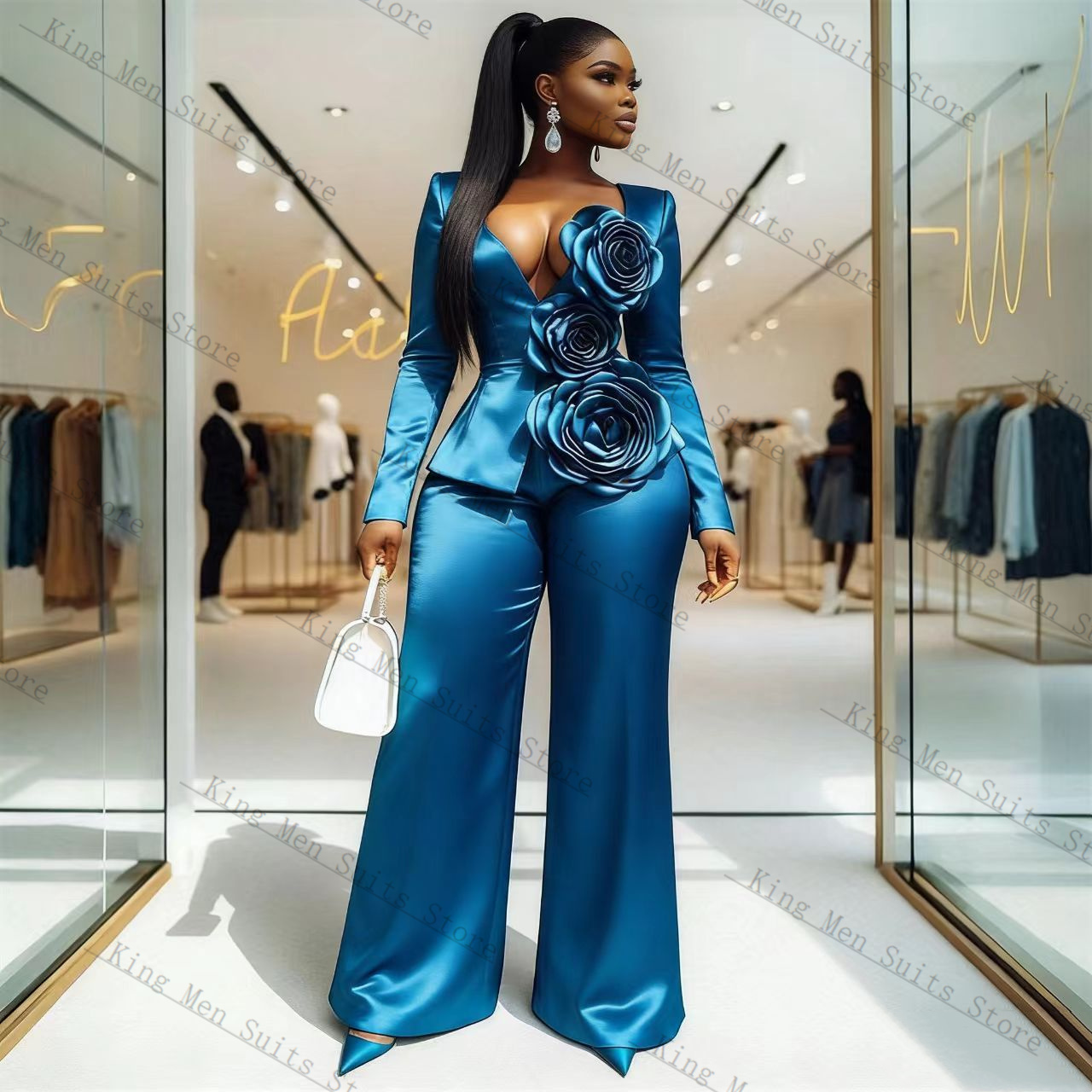 Conjunto de Traje Azul Satinad - Women'S Formal Wear Tuxedo reseña y precio